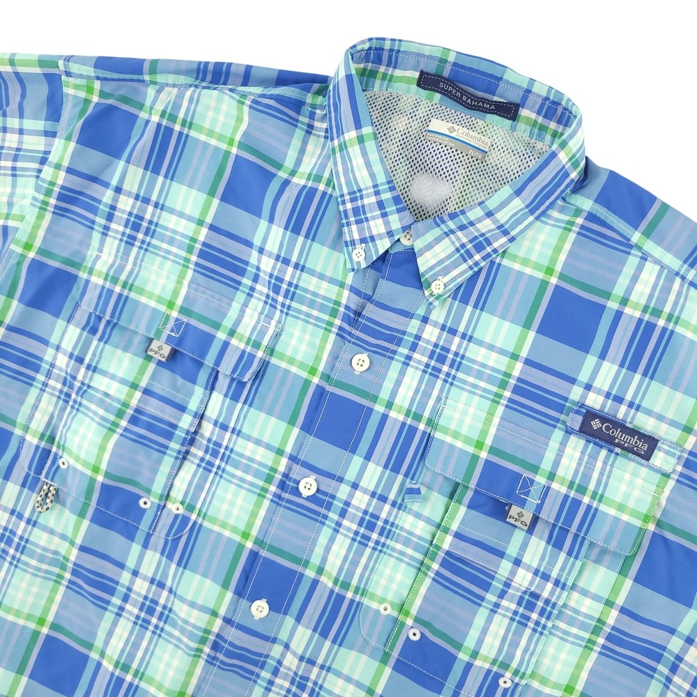Columbia PFG Super Bahama Shirt Mens XL Blue Plaid Short Sleeve Fishing Outdoor